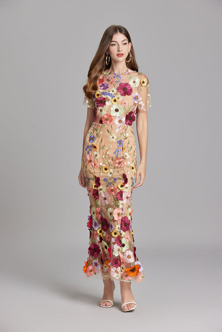 Midi Dress Womens Floral Applique Fitted Bodice Wedding Guest