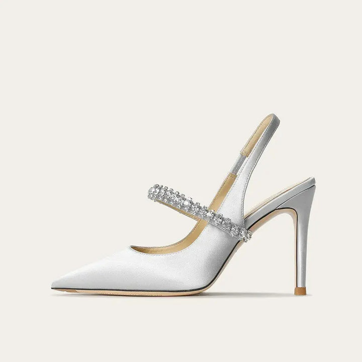 Slingback Heels Womens Satin Pointed Toe Jewelled Ankle Strap