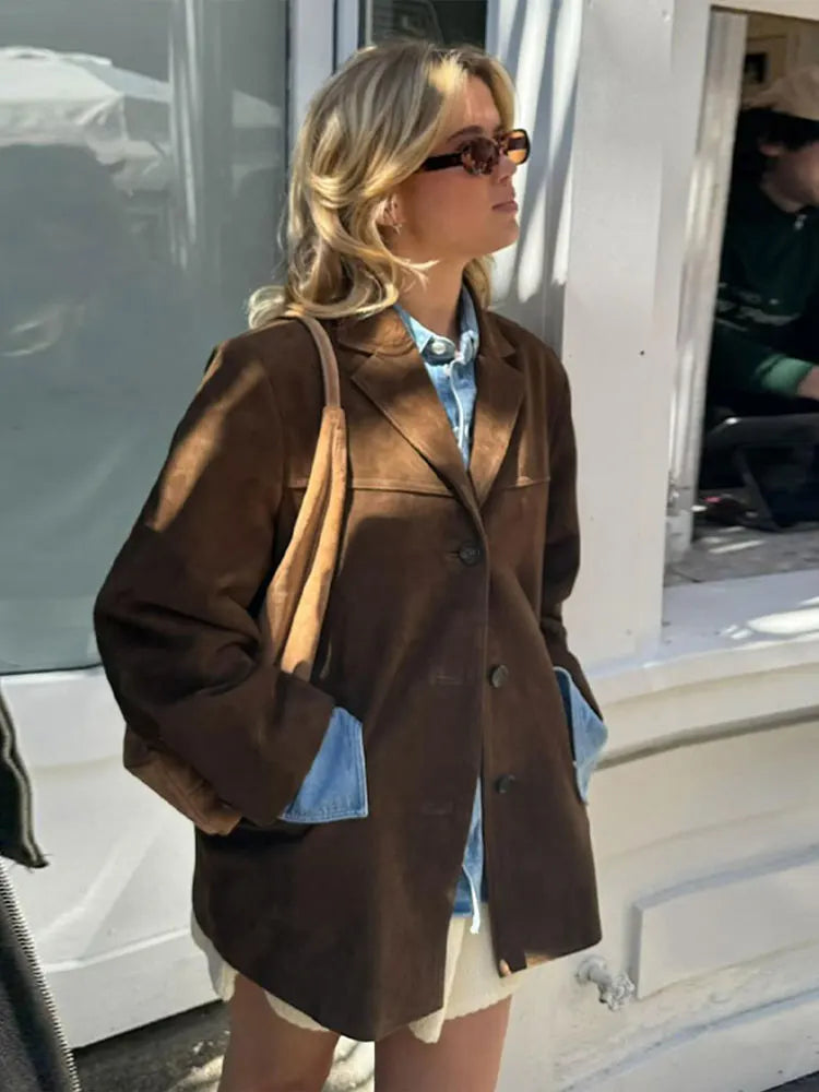 Faux Suede Jacket Womens Oversized Notch Lapel Single Breasted Button Front - image 4
