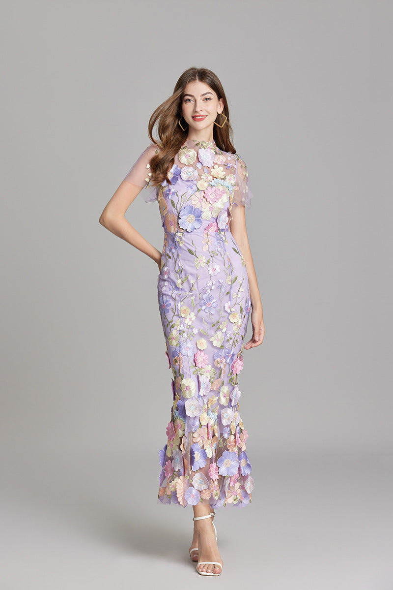 Midi Dress Womens Floral Applique Fitted Bodice Wedding Guest