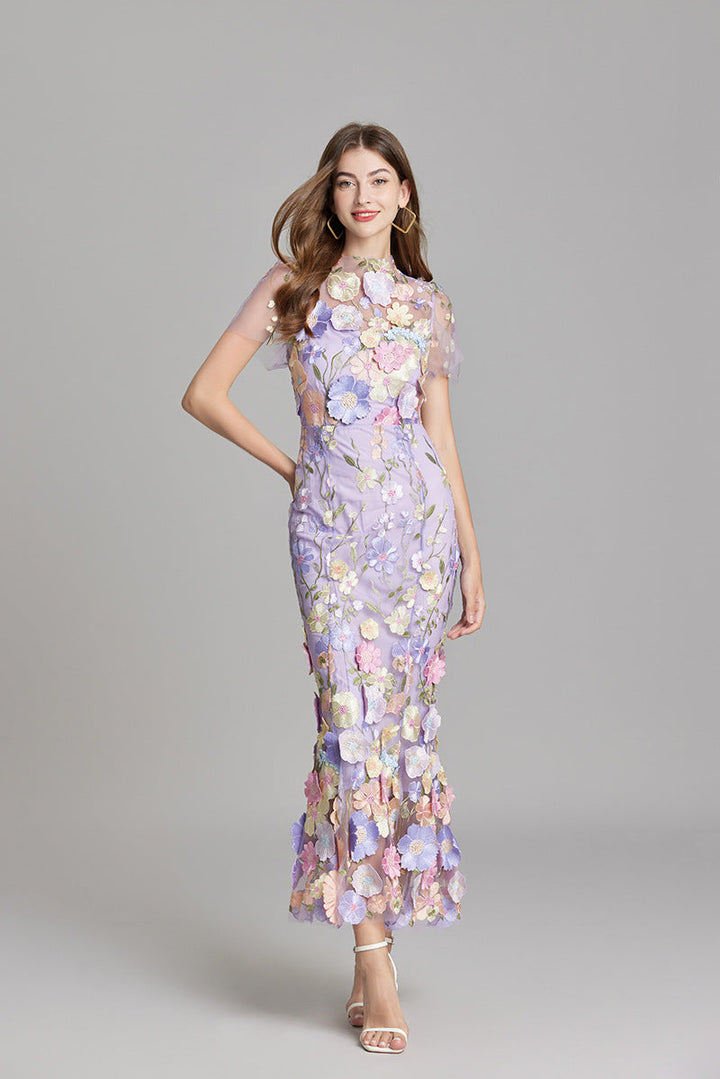 Midi Dress Womens Floral Applique Fitted Bodice Wedding Guest