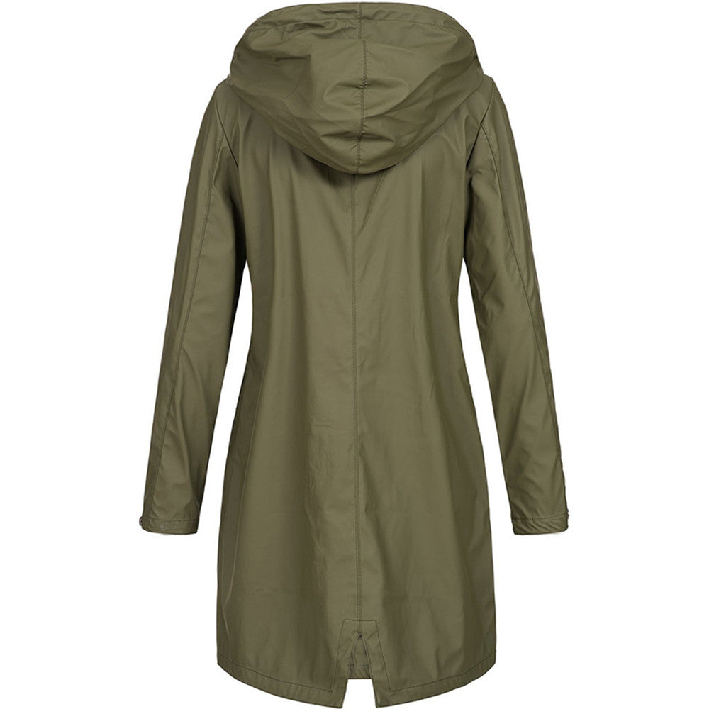 Long Raincoat Womens Hooded Waterproof Button Front Drawstring Waist - image 9