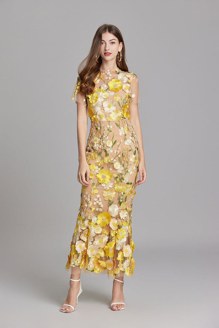 Midi Dress Womens Floral Applique Fitted Bodice Wedding Guest