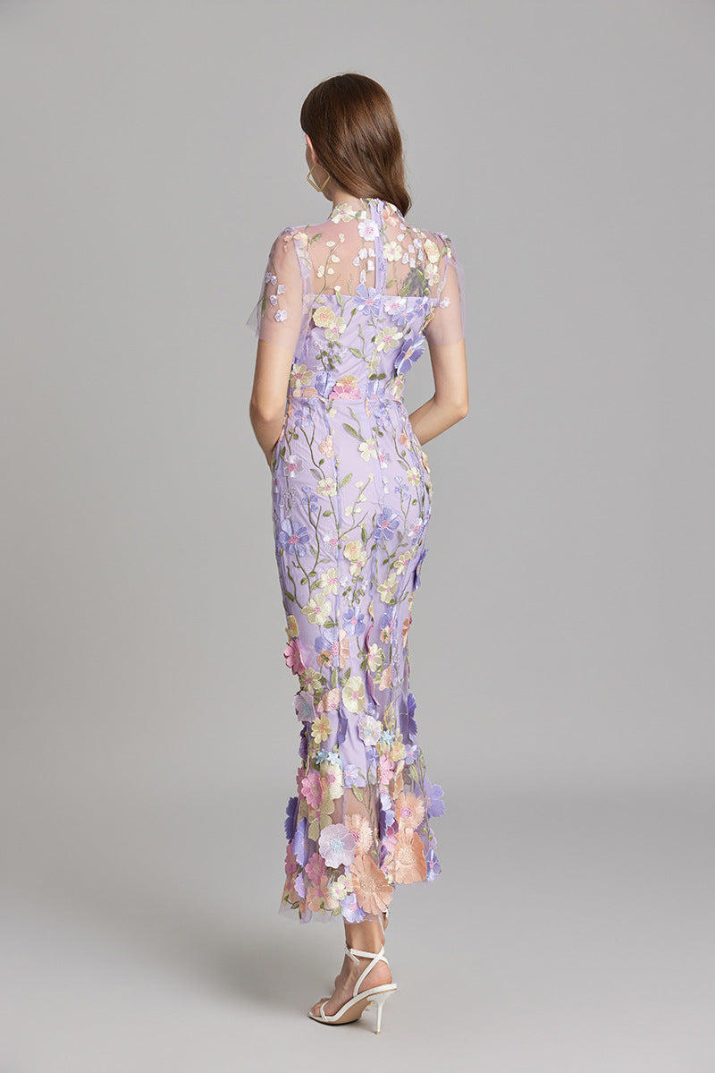 Midi Dress Womens Floral Applique Fitted Bodice Wedding Guest