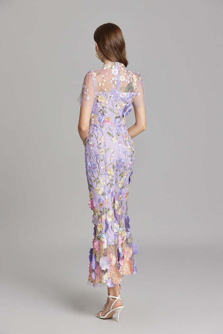 Midi Dress Womens Floral Applique Fitted Bodice Wedding Guest