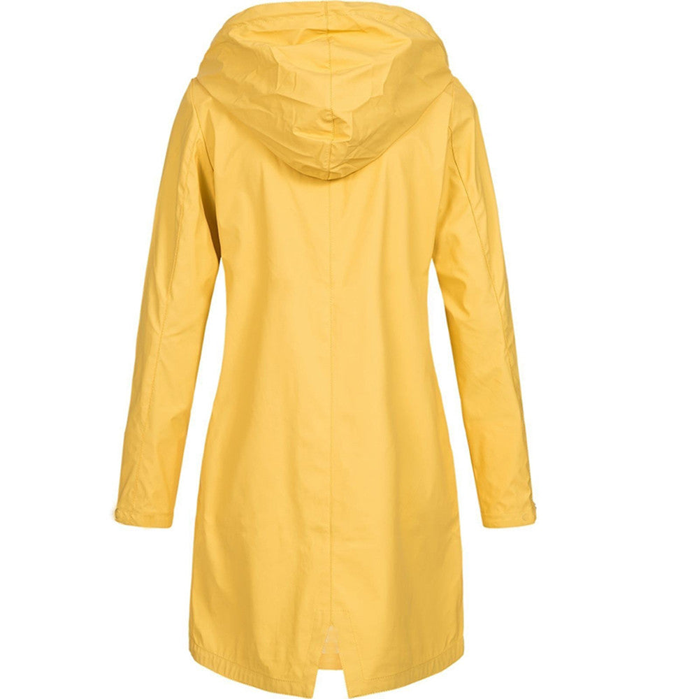 Long Raincoat Womens Hooded Waterproof Button Front Drawstring Waist - image 5