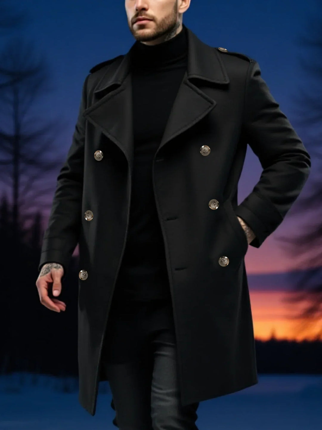 Double Breasted Overcoat Mens Longline Wool-Look Notch Lapel Epaulettes Winter - image 2
