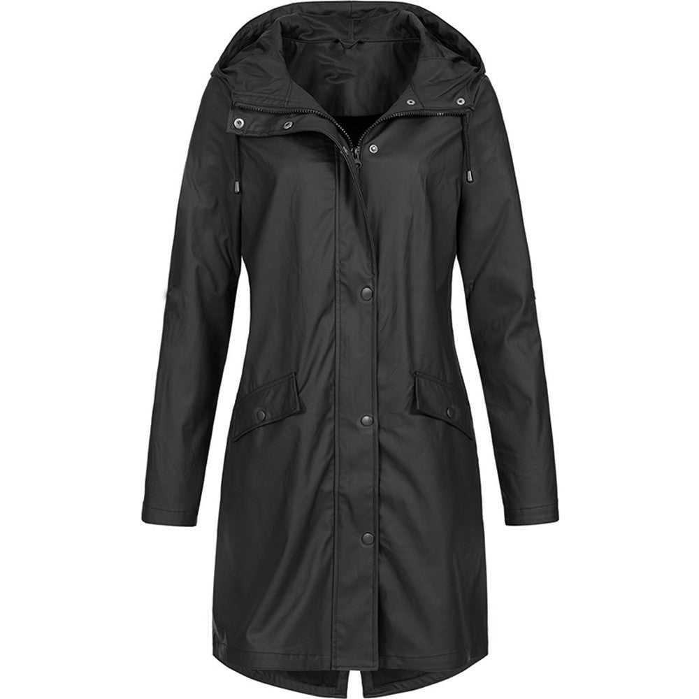Long Raincoat Womens Hooded Waterproof Button Front Drawstring Waist - image 6
