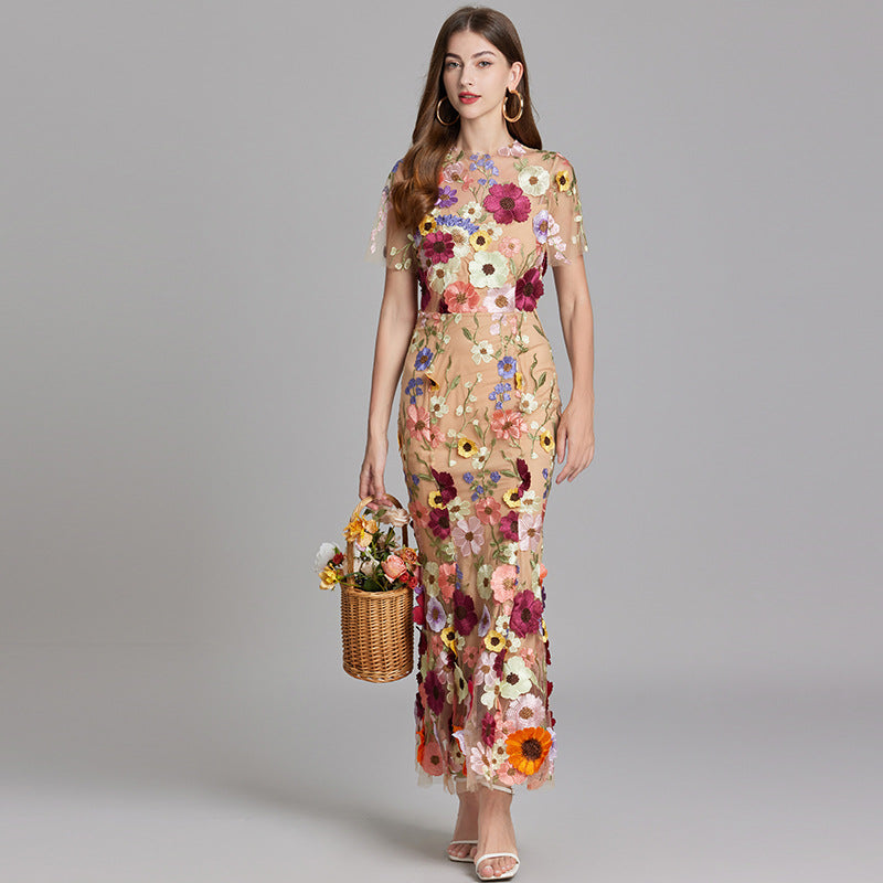 Midi Dress Womens Floral Applique Fitted Bodice Wedding Guest