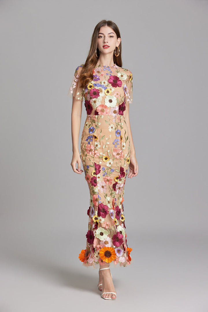 Midi Dress Womens Floral Applique Fitted Bodice Wedding Guest
