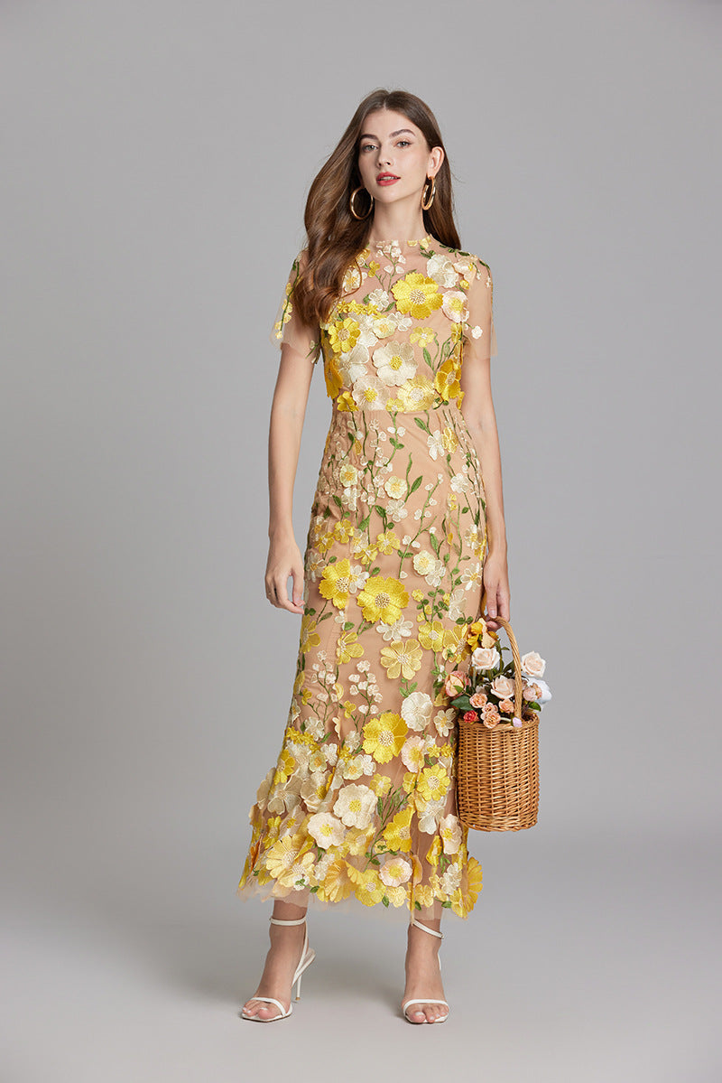 Midi Dress Womens Floral Applique Fitted Bodice Wedding Guest