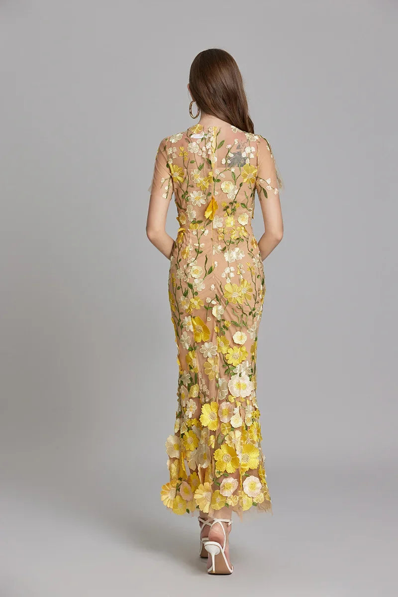 Midi Dress Womens Floral Applique Fitted Bodice Wedding Guest