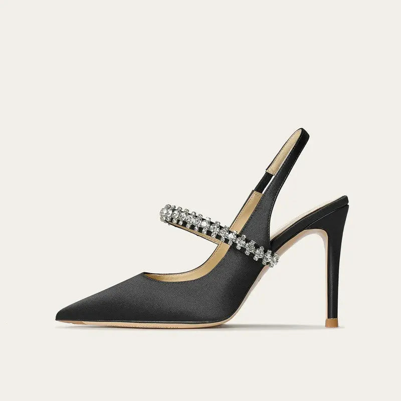 Slingback Heels Womens Satin Pointed Toe Jewelled Ankle Strap