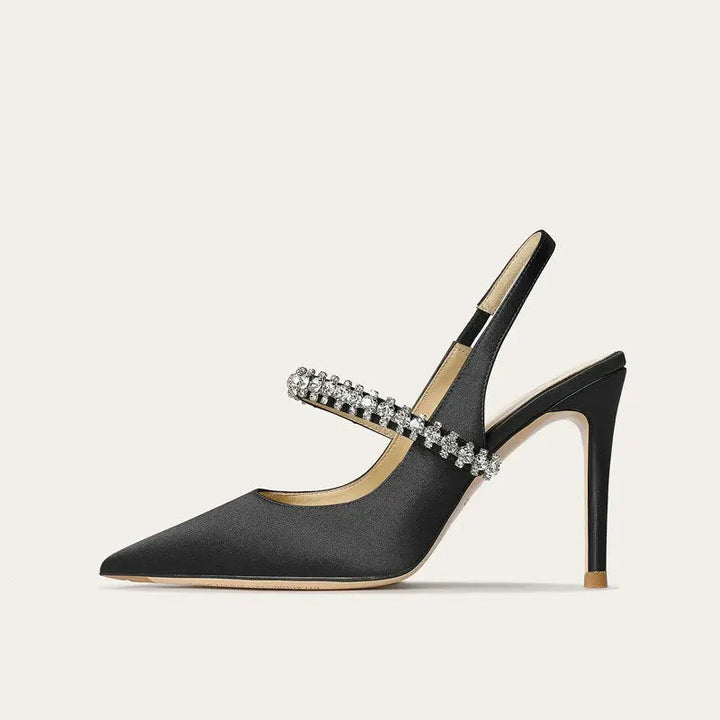 Slingback Heels Womens Satin Pointed Toe Jewelled Ankle Strap