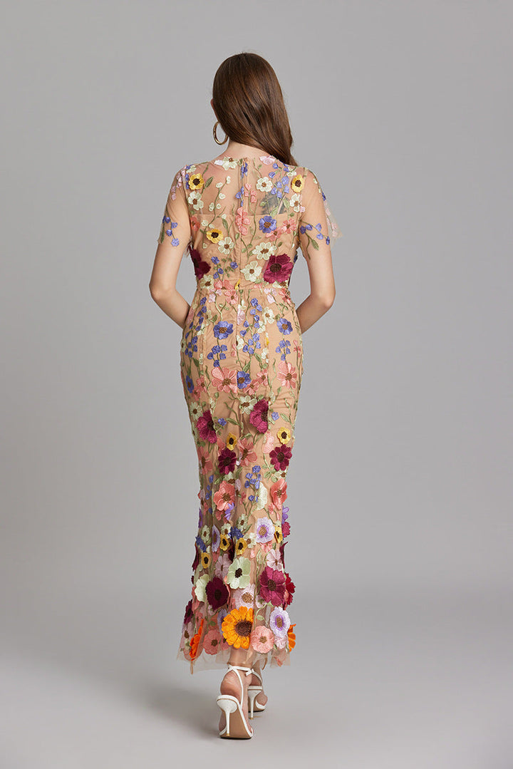 Midi Dress Womens Floral Applique Fitted Bodice Wedding Guest