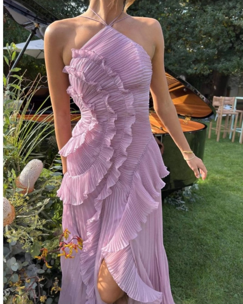 Maxi Dress Womens Halter Neck Pleated Ruffle Slim Fit Occasion - image 2