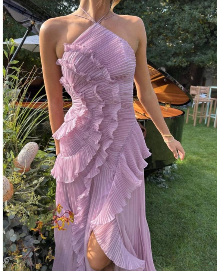 Maxi Dress Womens Halter Neck Pleated Ruffle Slim Fit Occasion - image 2