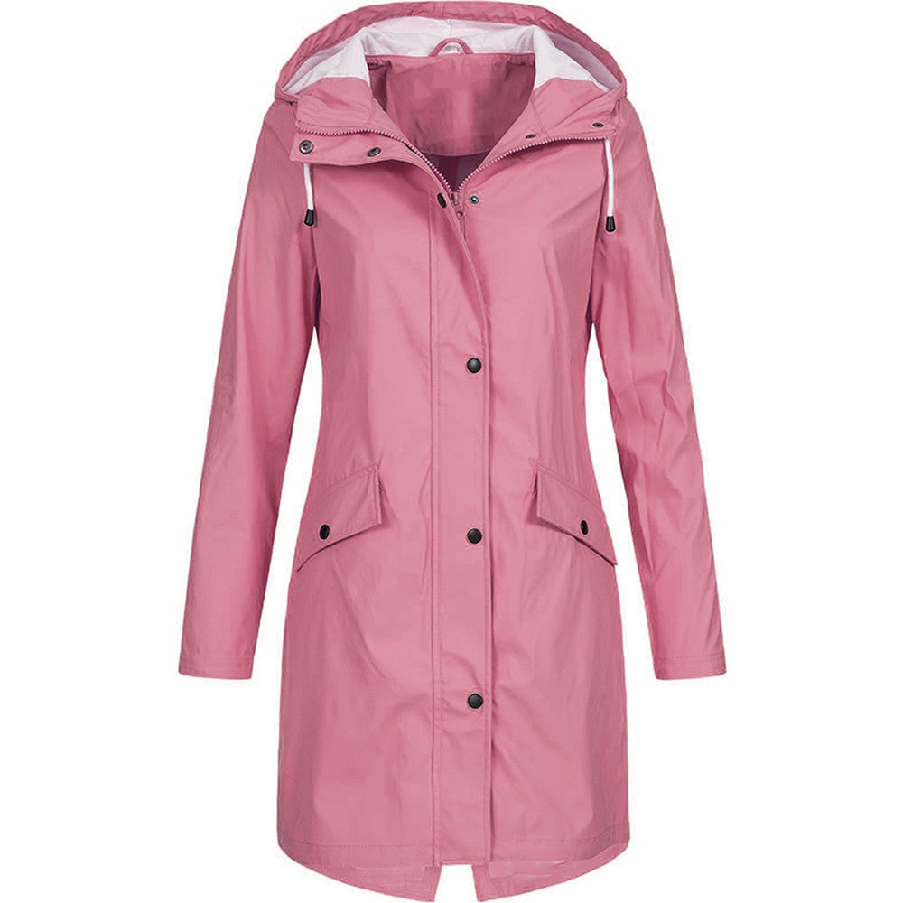 Long Raincoat Womens Hooded Waterproof Button Front Drawstring Waist - image 2