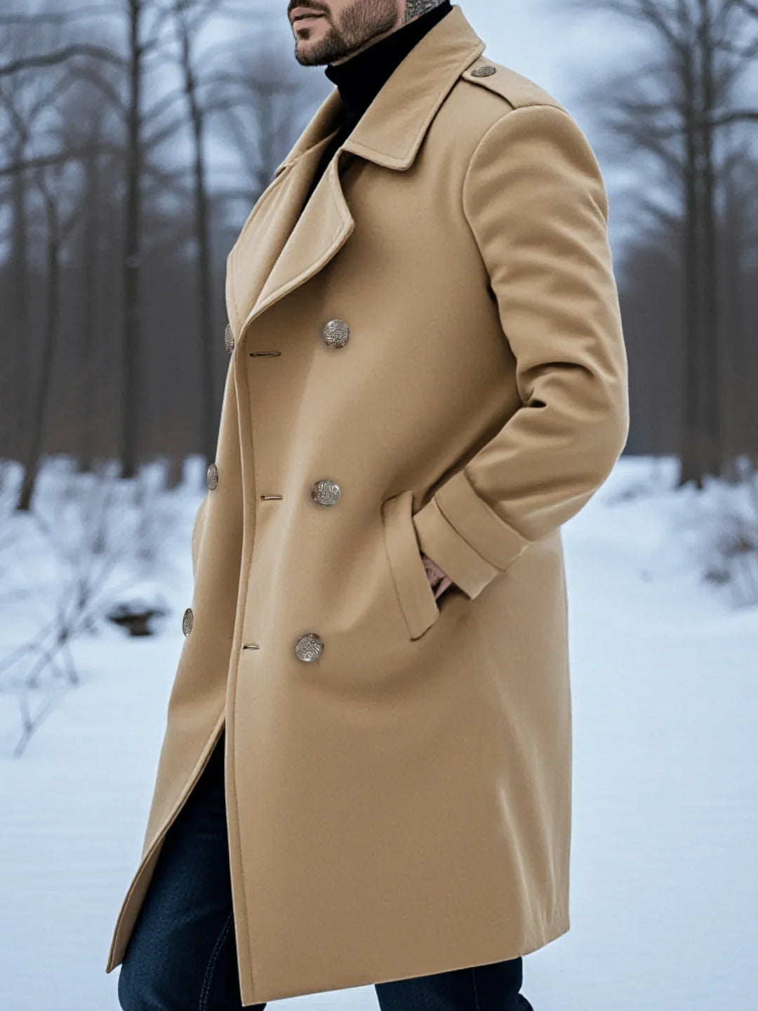 Double Breasted Overcoat Mens Longline Wool-Look Notch Lapel Epaulettes Winter - image 4