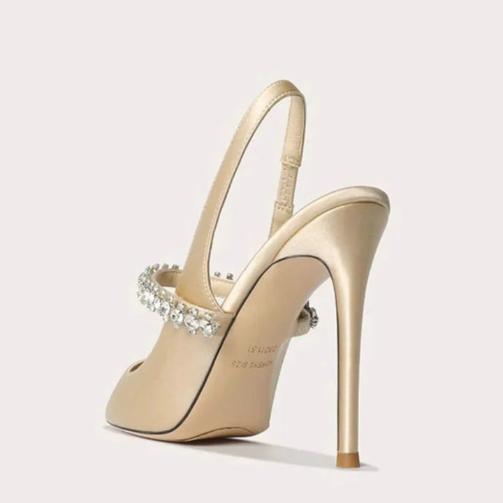 Slingback Heels Womens Satin Pointed Toe Jewelled Ankle Strap
