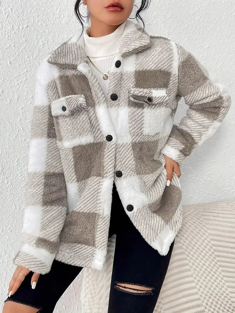 Check Shacket Womens Fleece Jacket Button Front Chest Pockets - image 7