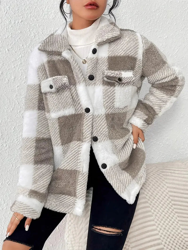 Check Shacket Womens Fleece Jacket Button Front Chest Pockets - image 7