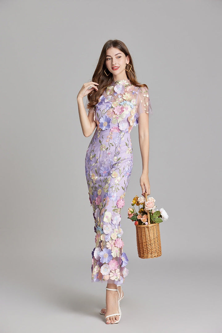 Midi Dress Womens Floral Applique Fitted Bodice Wedding Guest