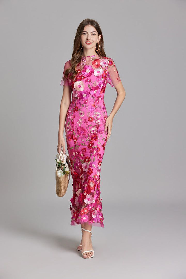 Midi Dress Womens Floral Applique Fitted Bodice Wedding Guest