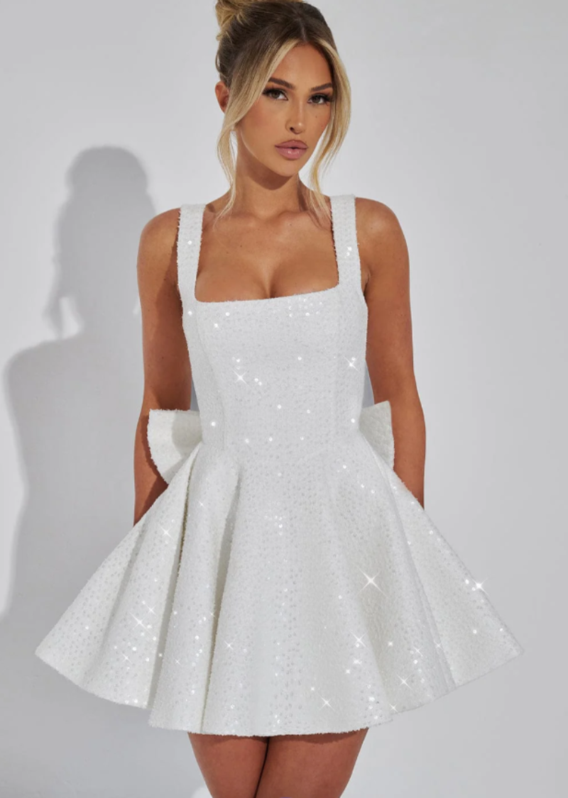 Sequin Flared Dress with Bow Detail Mini