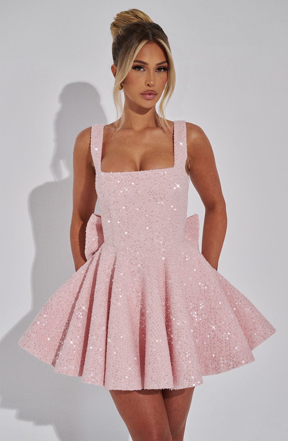 Sequin Flared Dress with Bow Detail Mini