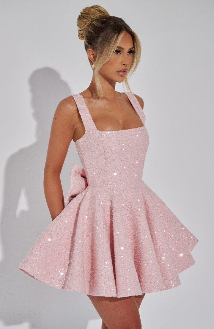 Sequin Flared Dress with Bow Detail Mini