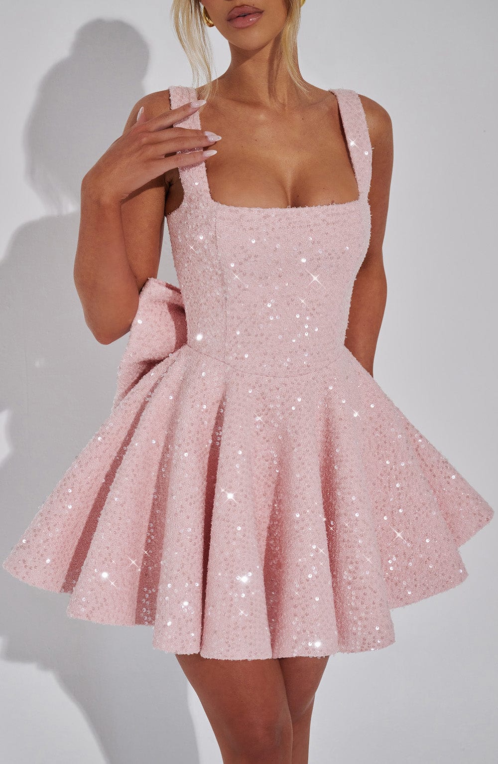 Sequin Flared Dress with Bow Detail Mini