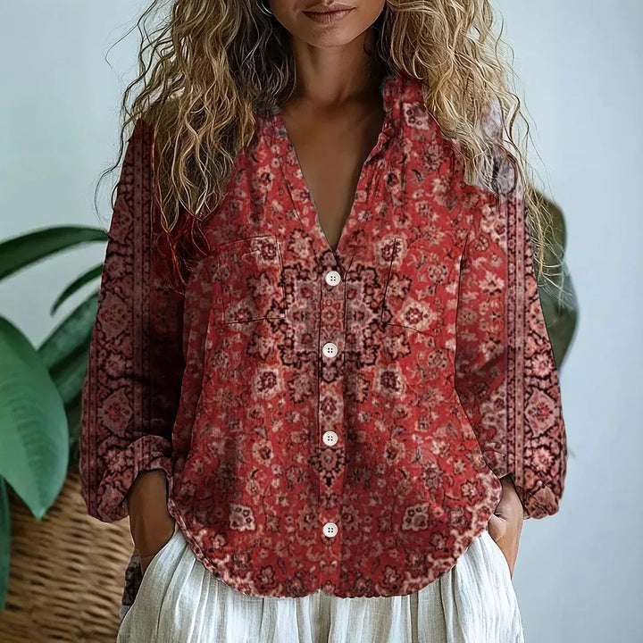 Blouse Womens Floral Print V Neck Button Front Long Sleeve