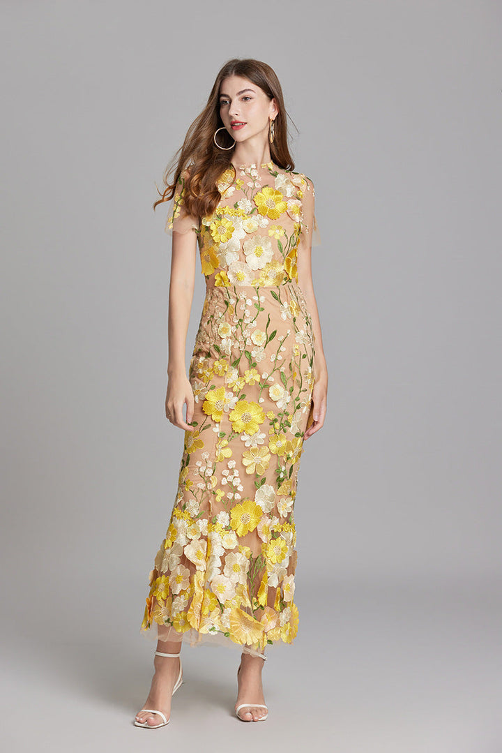 Midi Dress Womens Floral Applique Fitted Bodice Wedding Guest