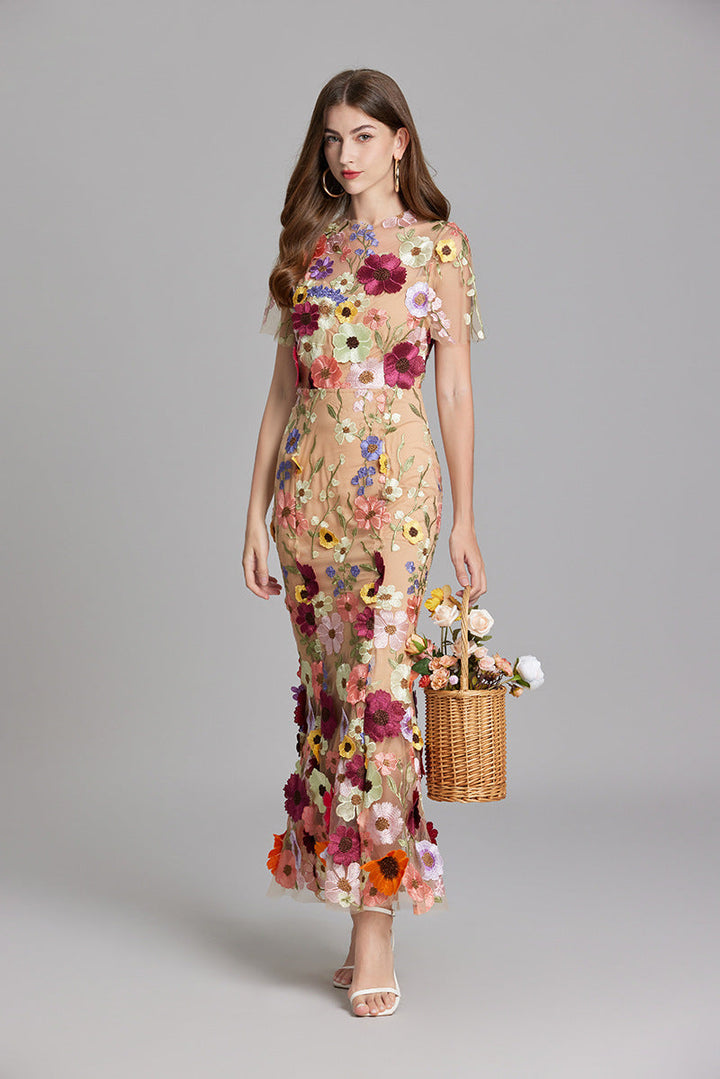 Midi Dress Womens Floral Applique Fitted Bodice Wedding Guest