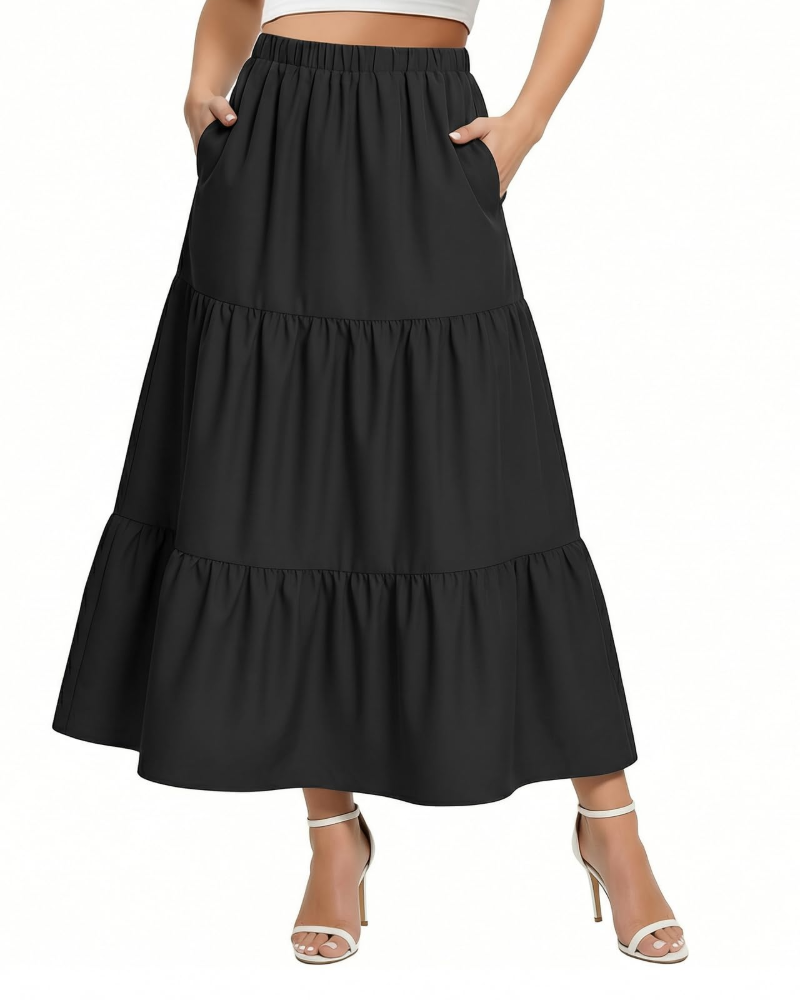 Maxi Skirt Womens Tiered High Waist Elasticated Flared A-Line with Pockets - image 2