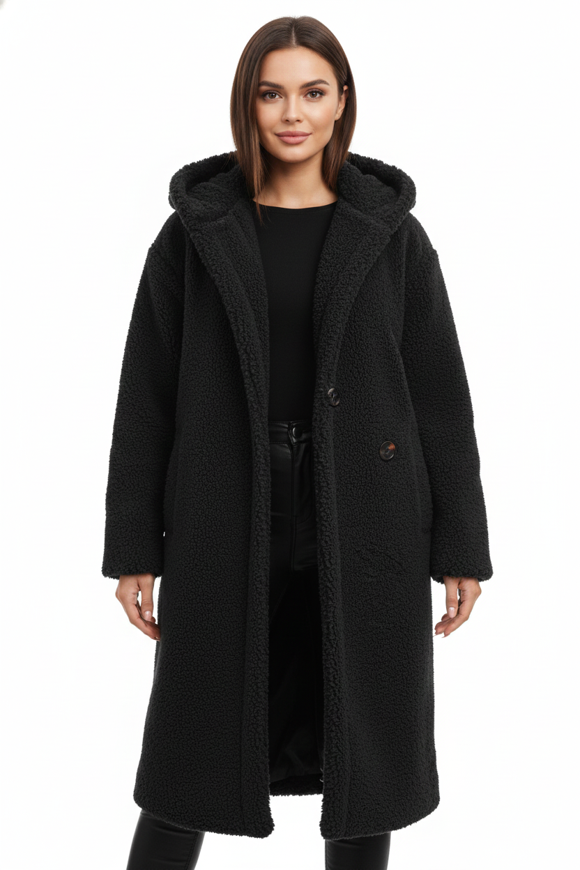 Teddy Coat Womens Hooded Longline Oversized Borg Fleece Single Button Winter - image 3