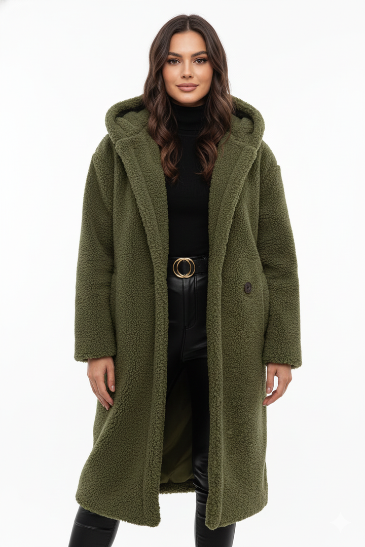 Teddy Coat Womens Hooded Longline Oversized Borg Fleece Single Button Winter - image 2