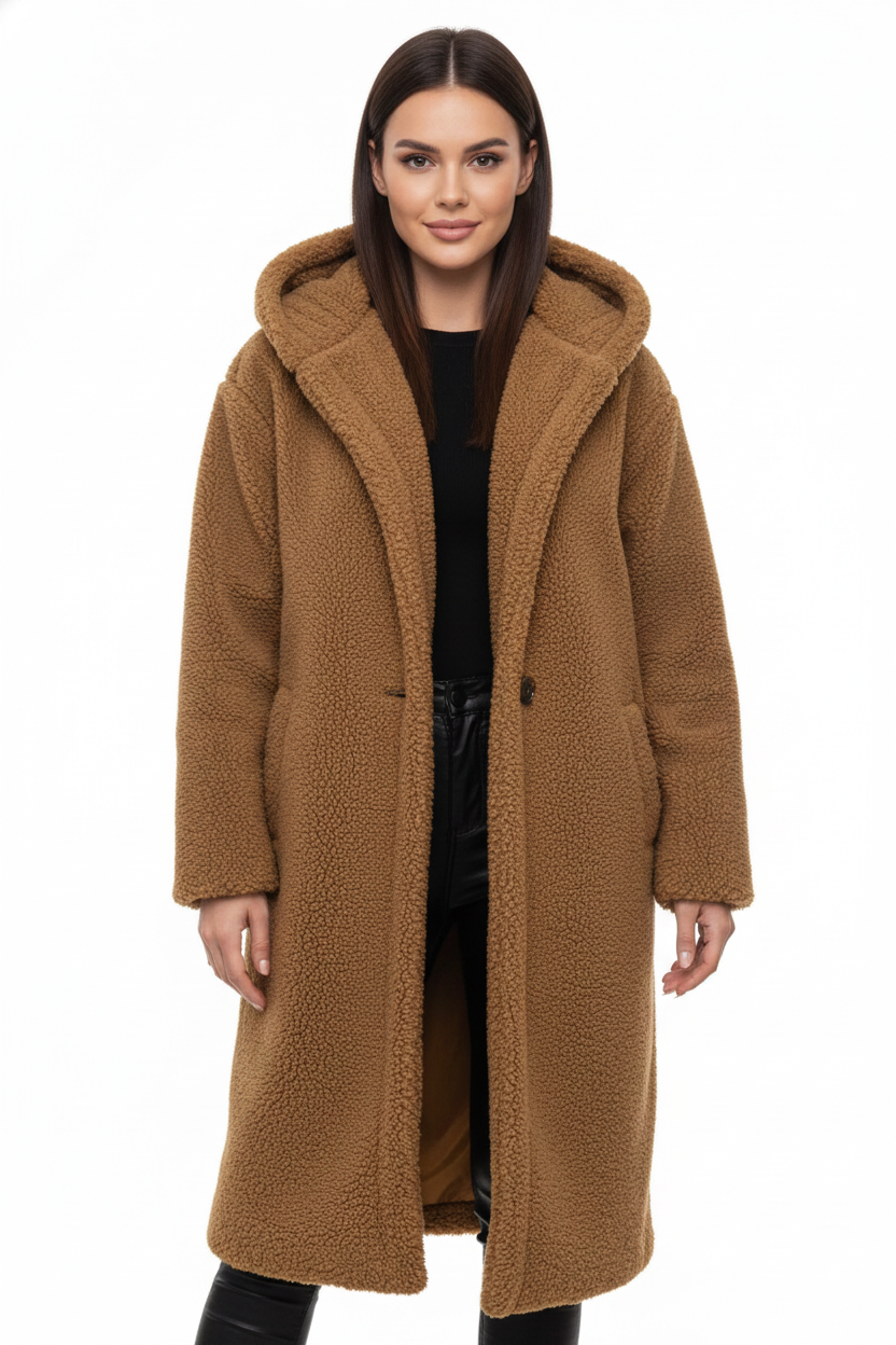 Teddy Coat Womens Hooded Longline Oversized Borg Fleece Single Button Winter - image 6