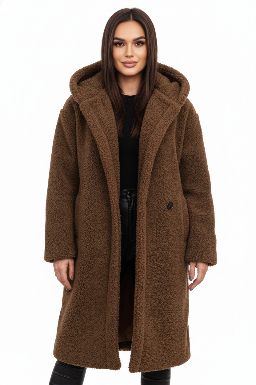 Teddy Coat Womens Hooded Longline Oversized Borg Fleece Single Button Winter - image 4