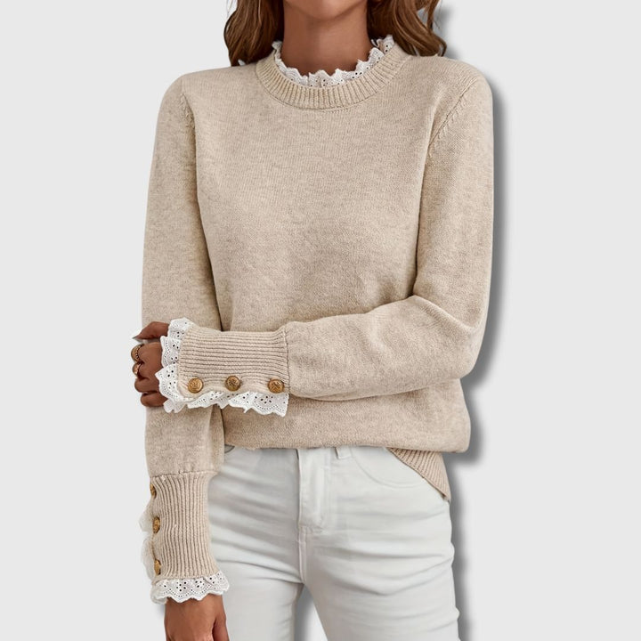 Lace Trim Jumper Womens Button Cuffs Frill Neck Fine Knit - image 4