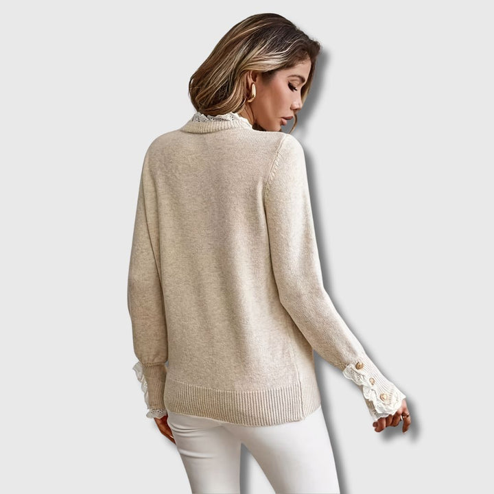 Lace Trim Jumper Womens Button Cuffs Frill Neck Fine Knit - image 3