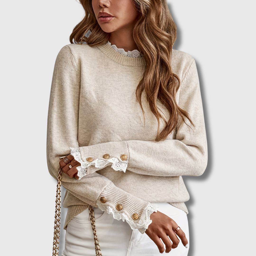 Lace Trim Jumper Womens Button Cuffs Frill Neck Fine Knit - image 6