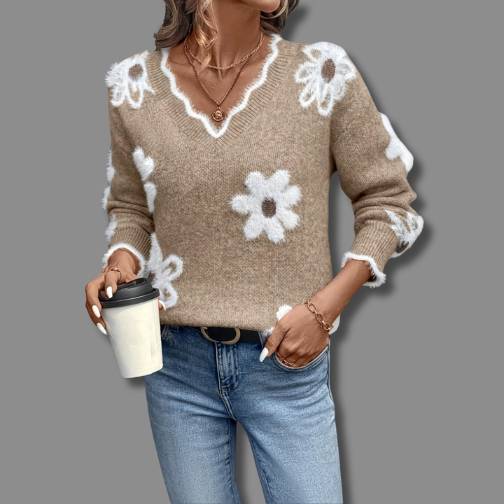 Floral Jumper Womens V Neck Knit Flower Pattern Scalloped Trim - image 7
