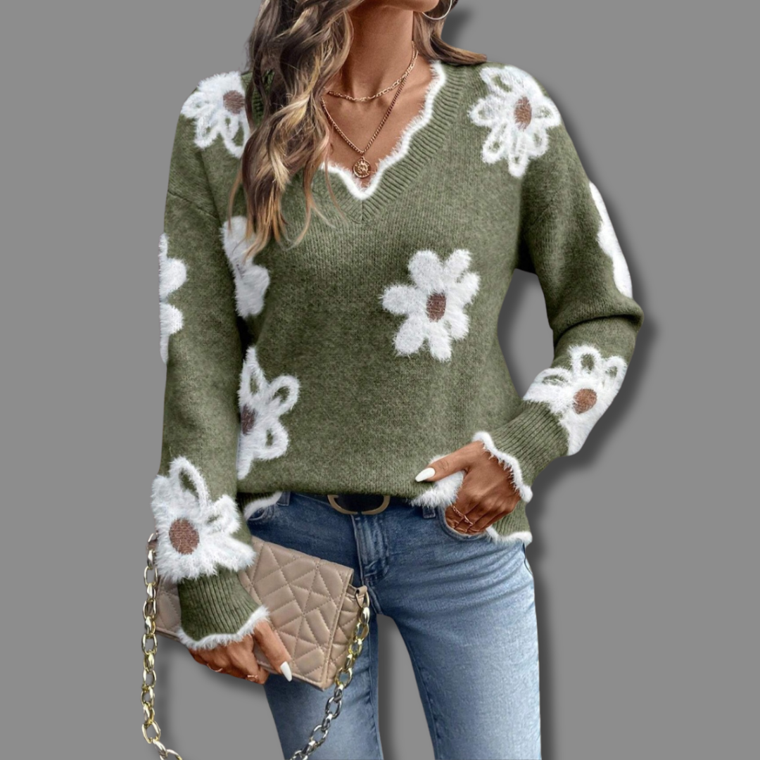 Floral Jumper Womens V Neck Knit Flower Pattern Scalloped Trim - image 6