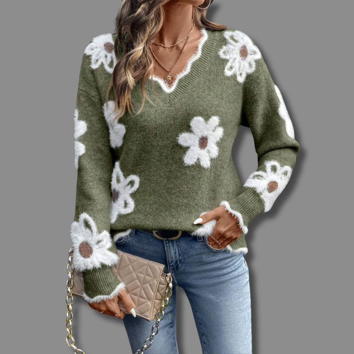 Floral Jumper Womens V Neck Knit Flower Pattern Scalloped Trim - image 6