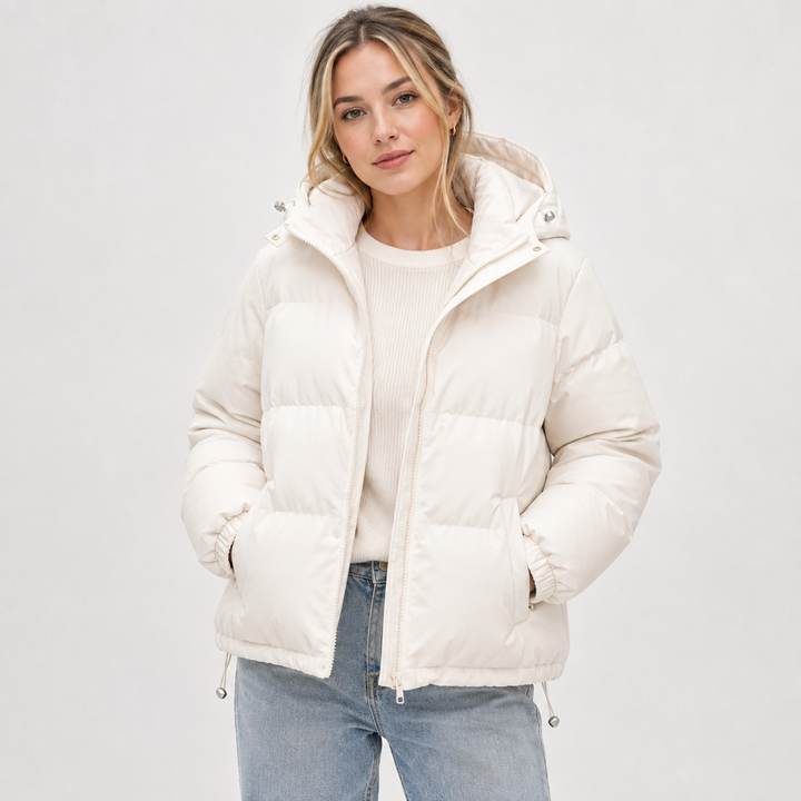 Hooded Puffer Jacket Womens Zip Front Drawstring Hem Padded - image 1