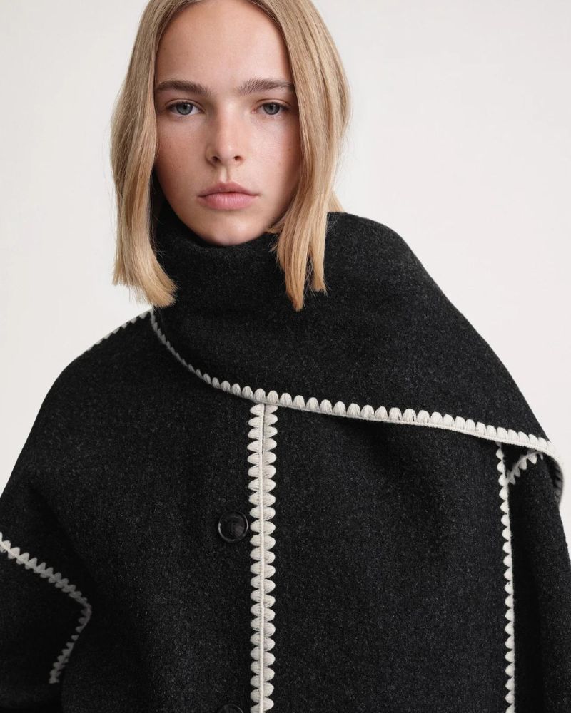 Scarf Jacket Womens Wool Fringe Trim Contrast Edge Patch Pockets - image 6