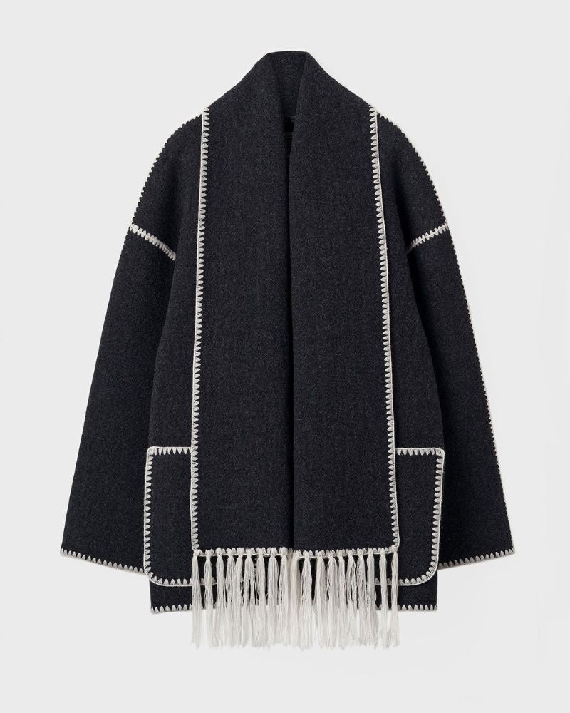 Scarf Jacket Womens Wool Fringe Trim Contrast Edge Patch Pockets - image 2