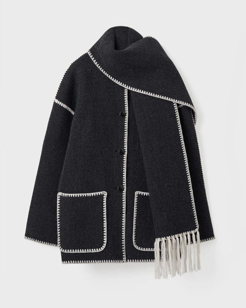 Scarf Jacket Womens Wool Fringe Trim Contrast Edge Patch Pockets - image 3